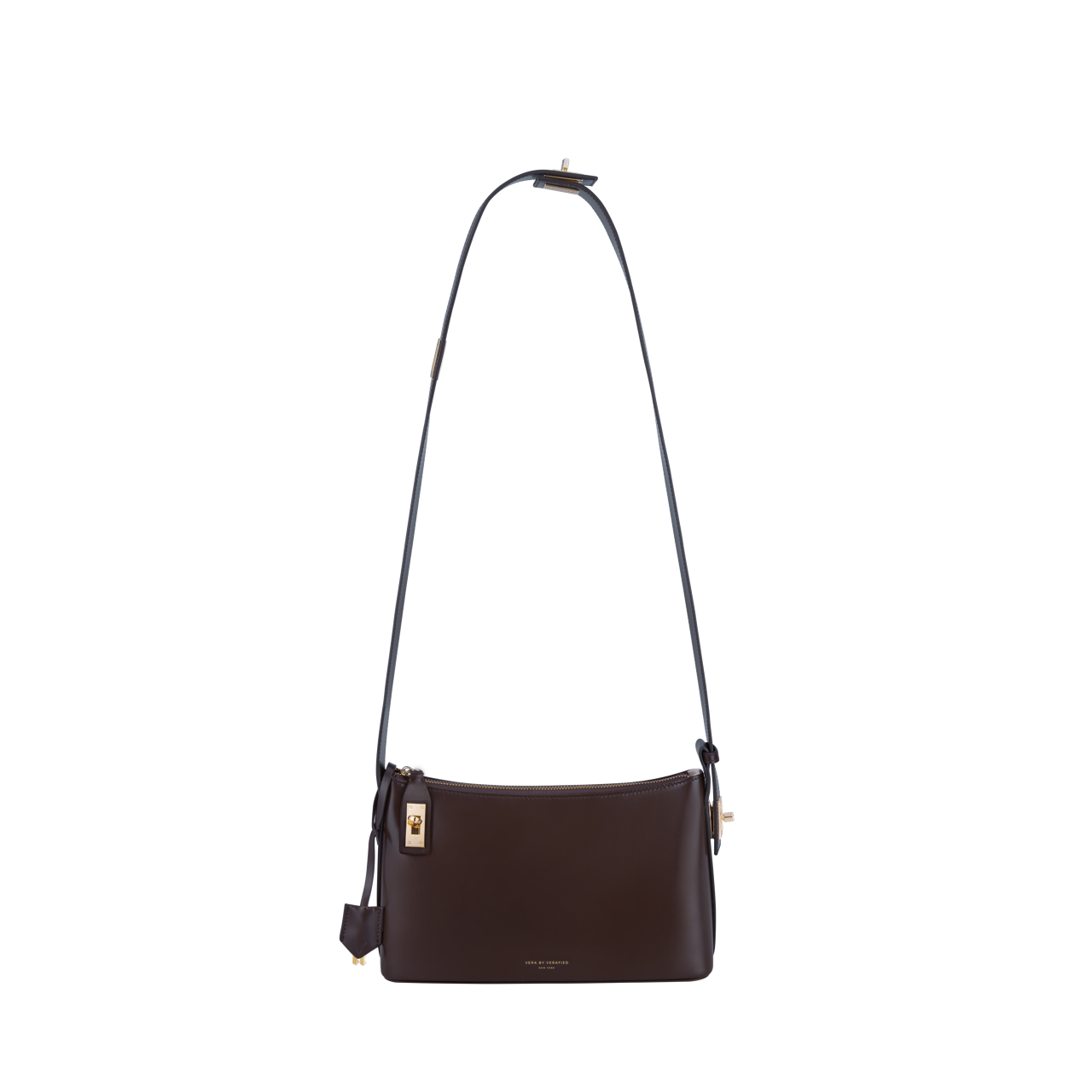 A dark brown, semi-structured Gold Chocolate Hobo Shoulder Handbag with a gold chocolate design, featuring a shoulder strap with clips for adjustability, and a lock &k ey set.