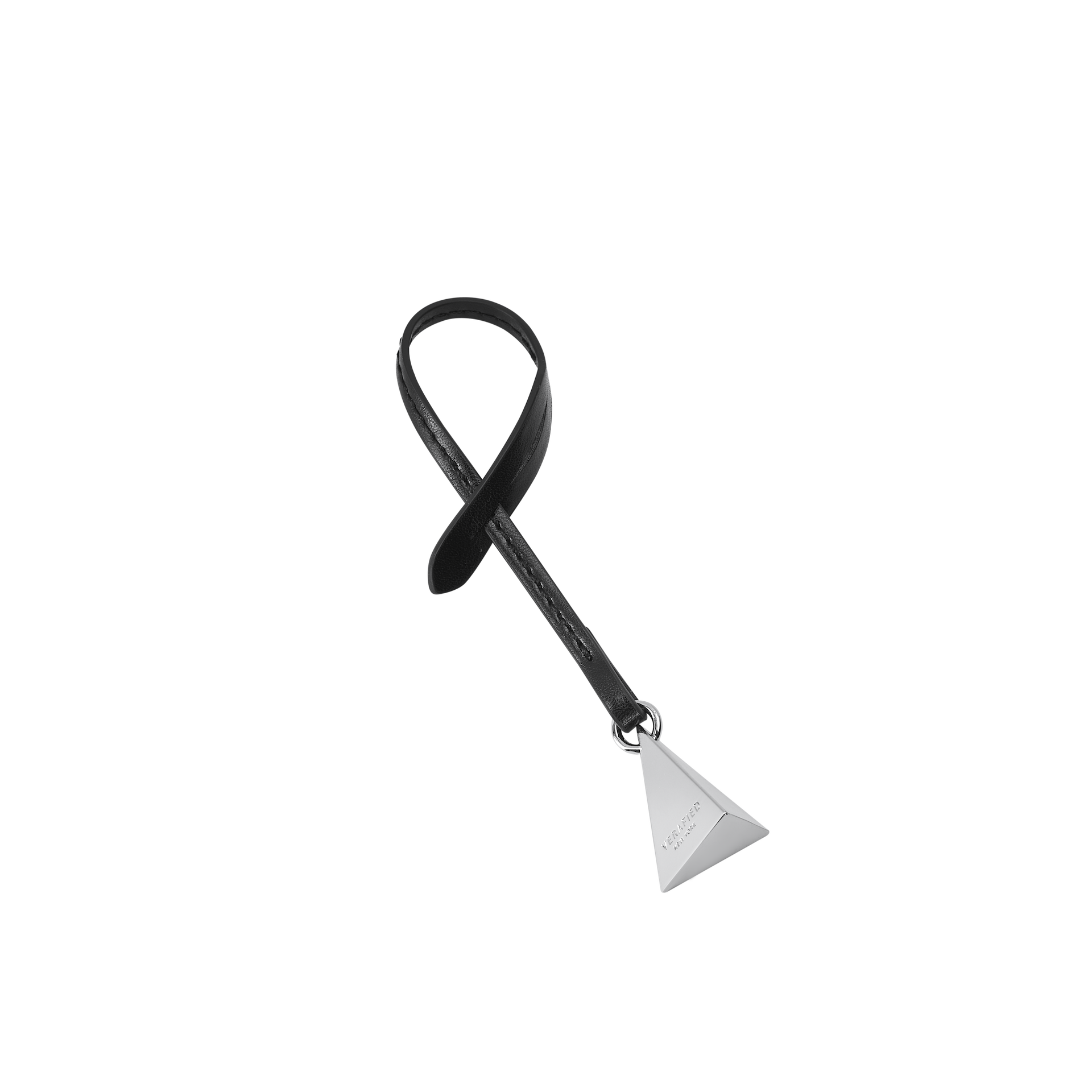 Black ribbon with a silver triangle-shaped object on a white background