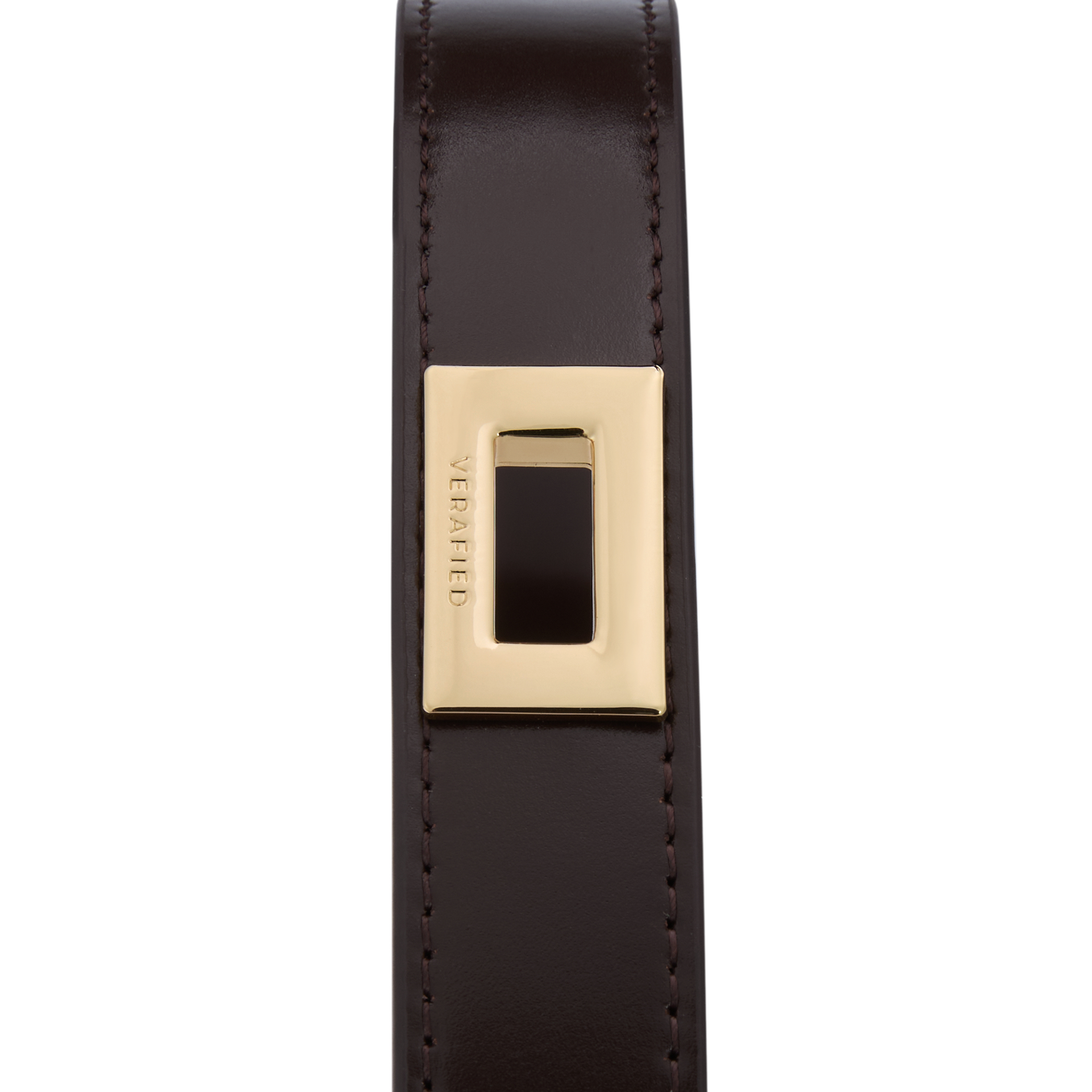 Black leather belt with a gold buckle on a white background