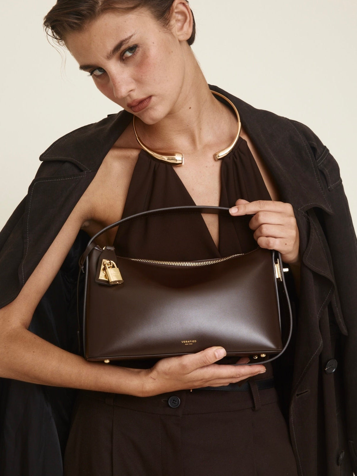 Gold Chocolate Hobo Shoulder Handbag with a Model