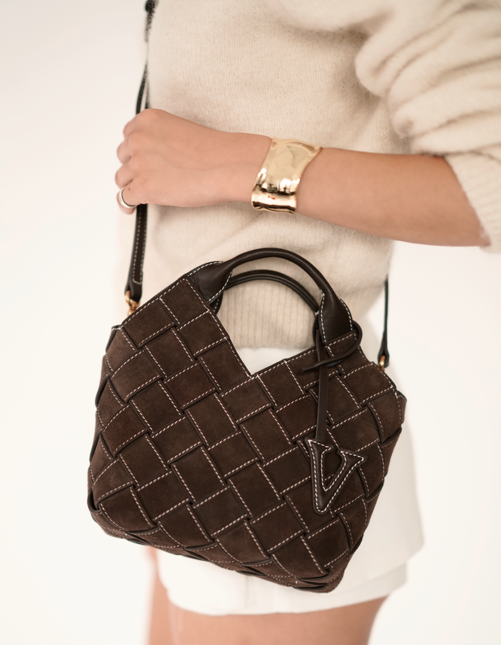 Espresso Suede Woven Basket Bag