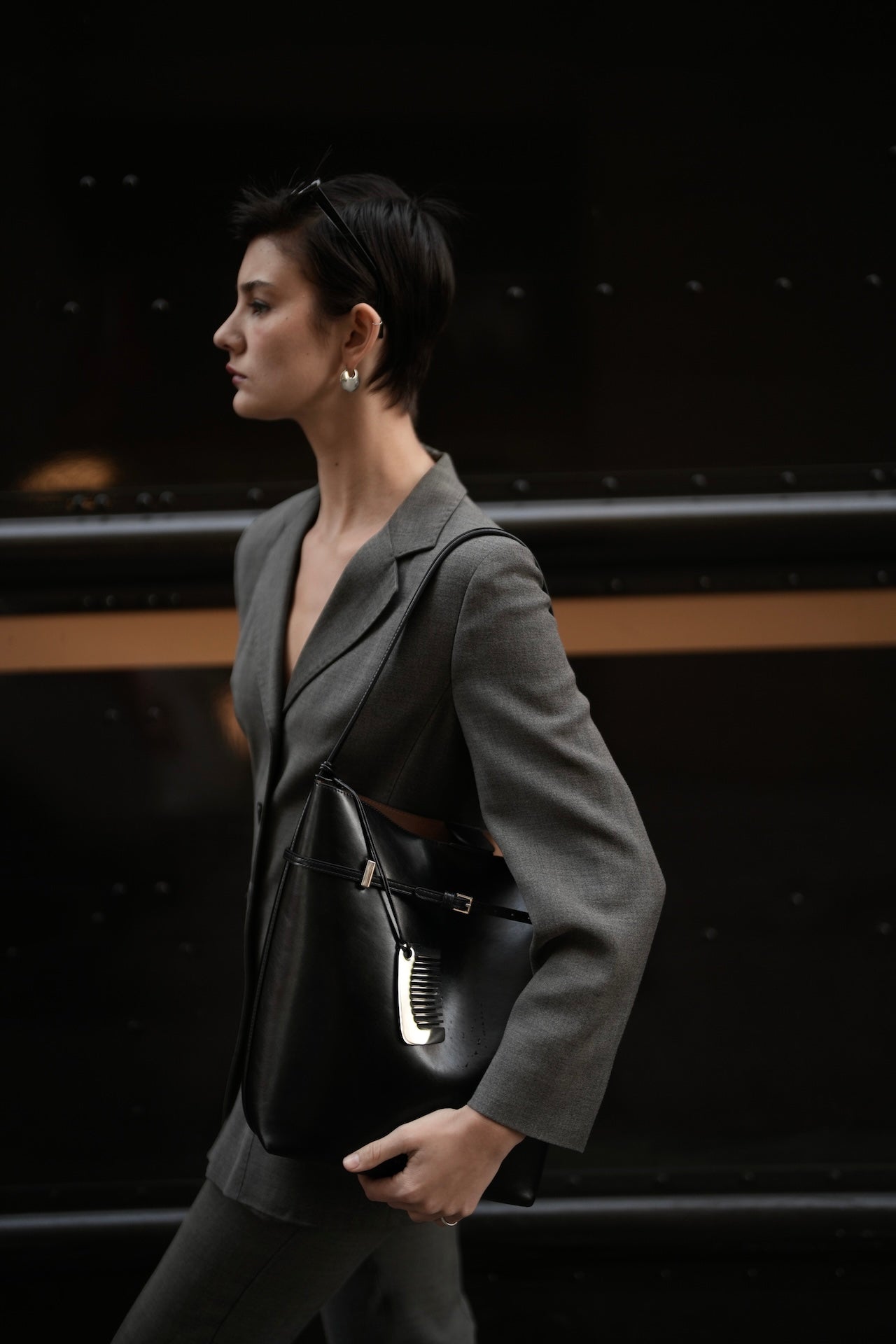 Black Belted Leather Tote Bag