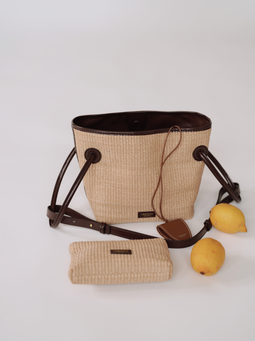 Leather-trimmed Raffia Bucket Bag (Final Sale)