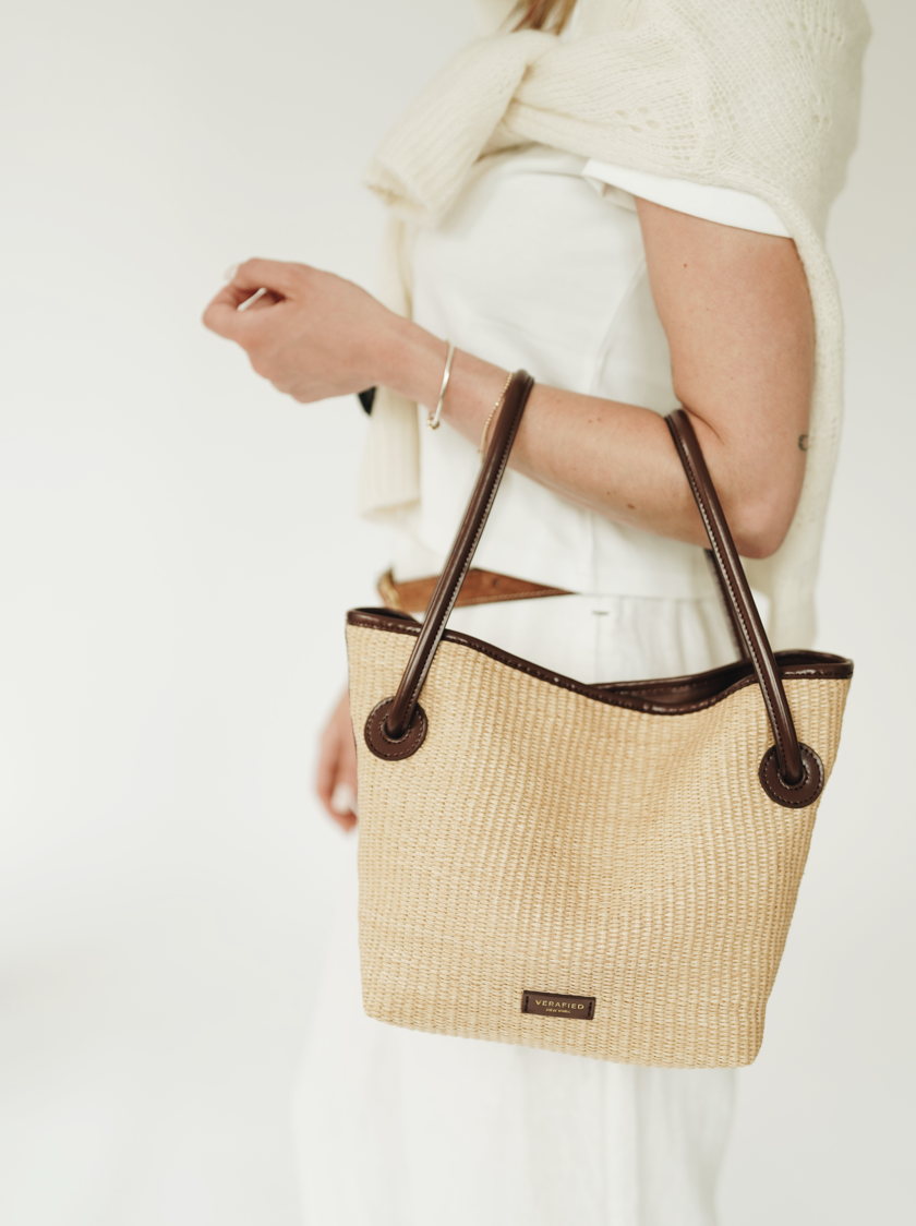Leather-trimmed Raffia Bucket Bag (Final Sale)