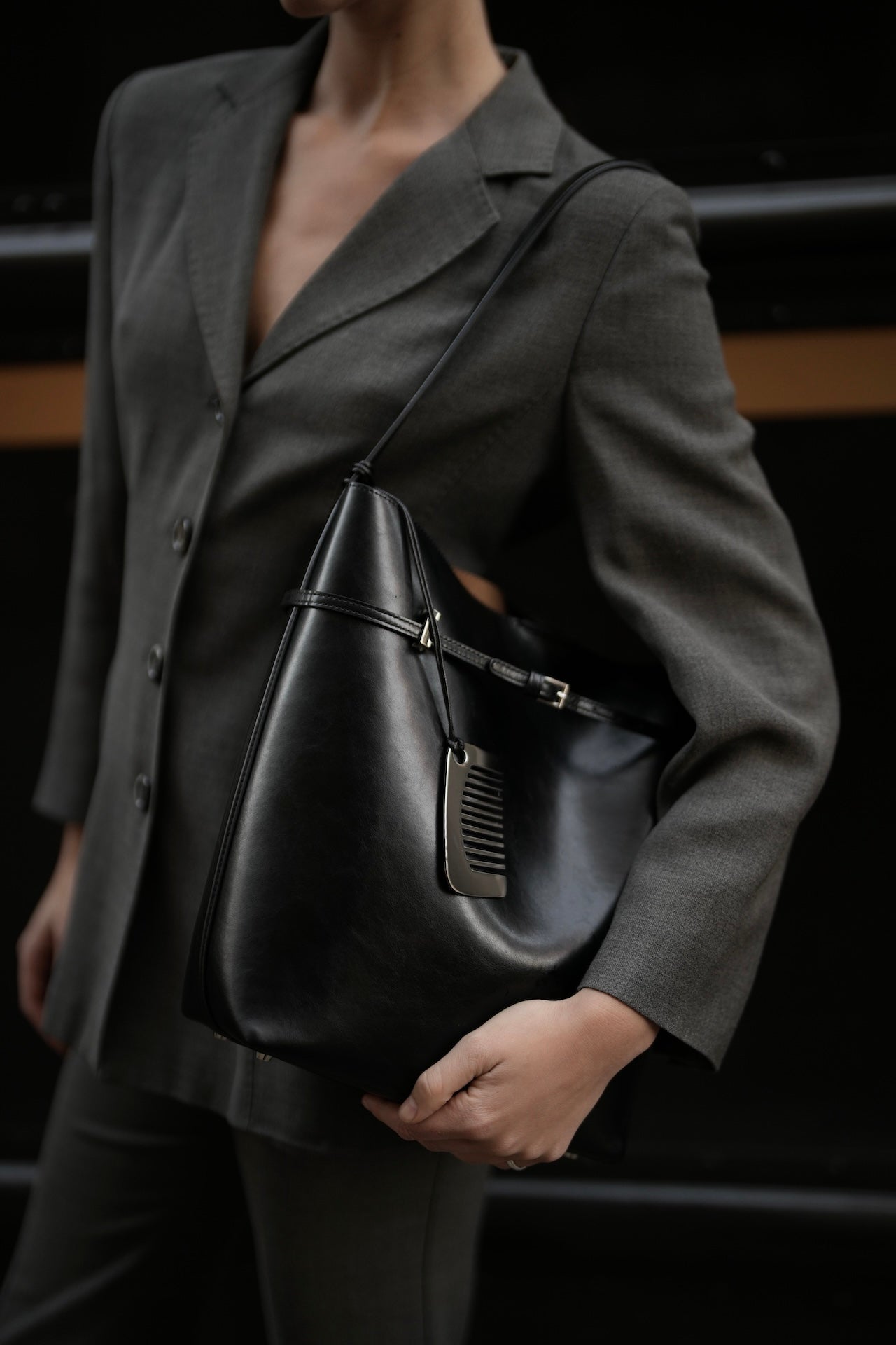 Black Belted Leather Tote Bag