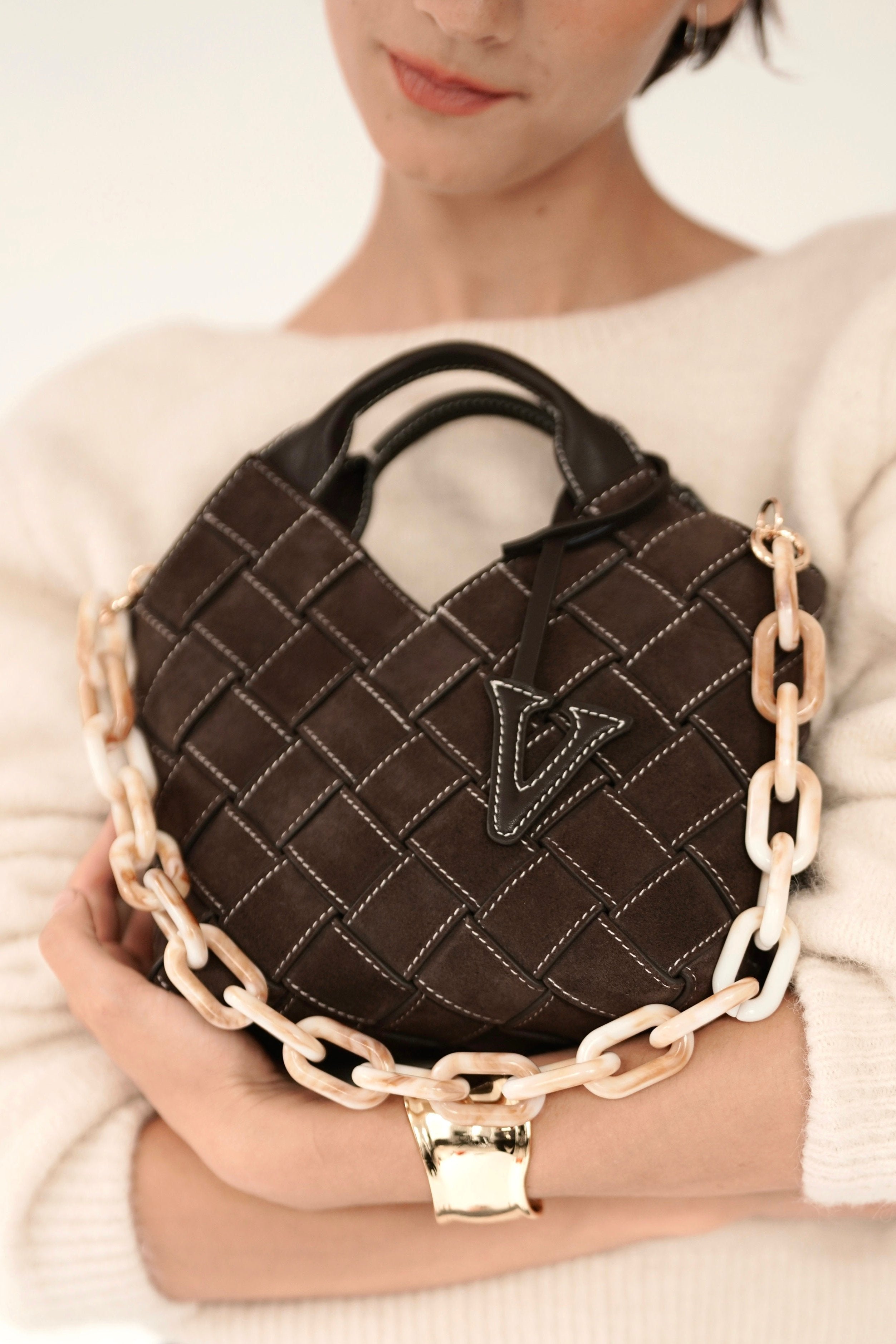 Espresso Suede Woven Basket Bag