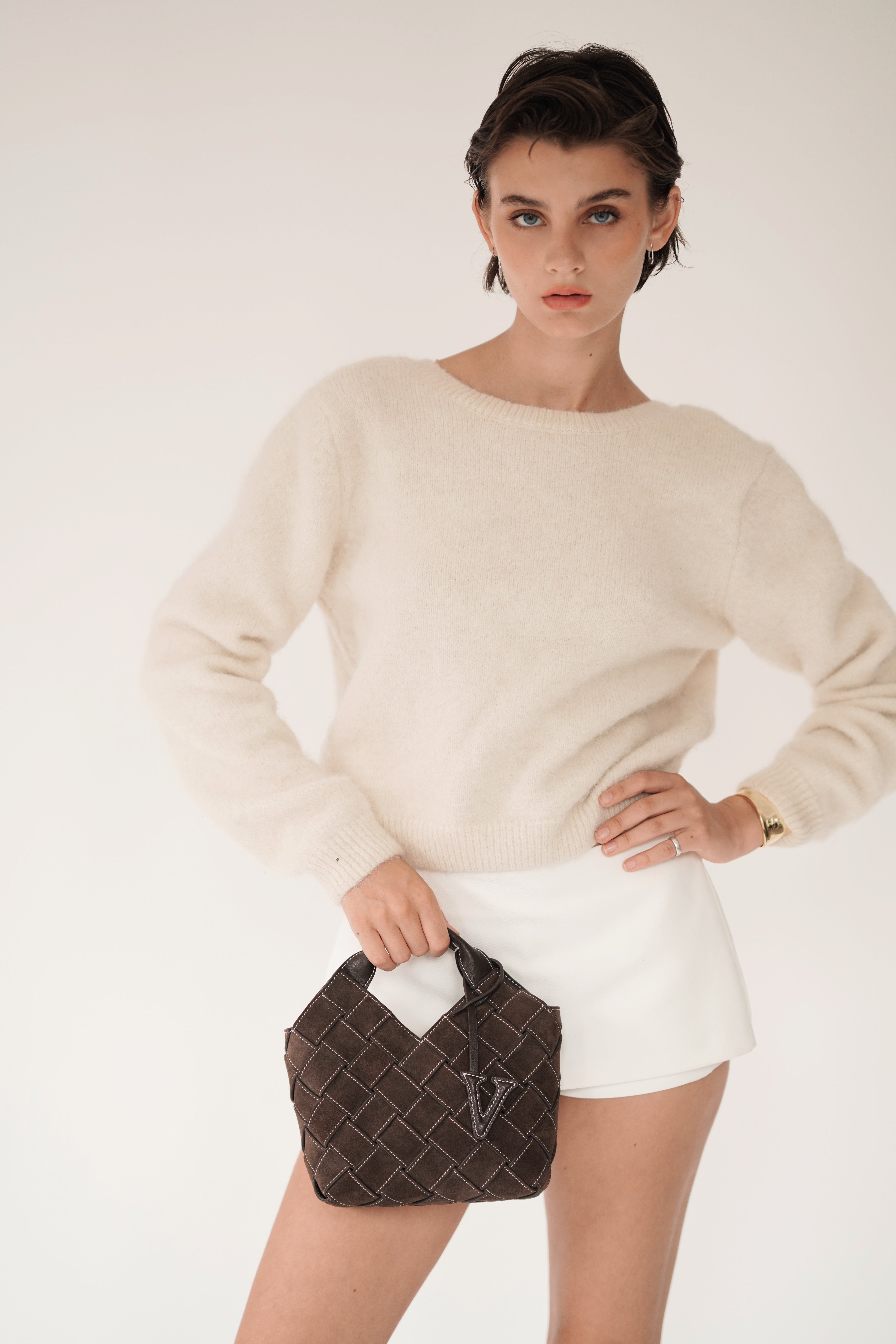 Espresso Suede Woven Basket Bag