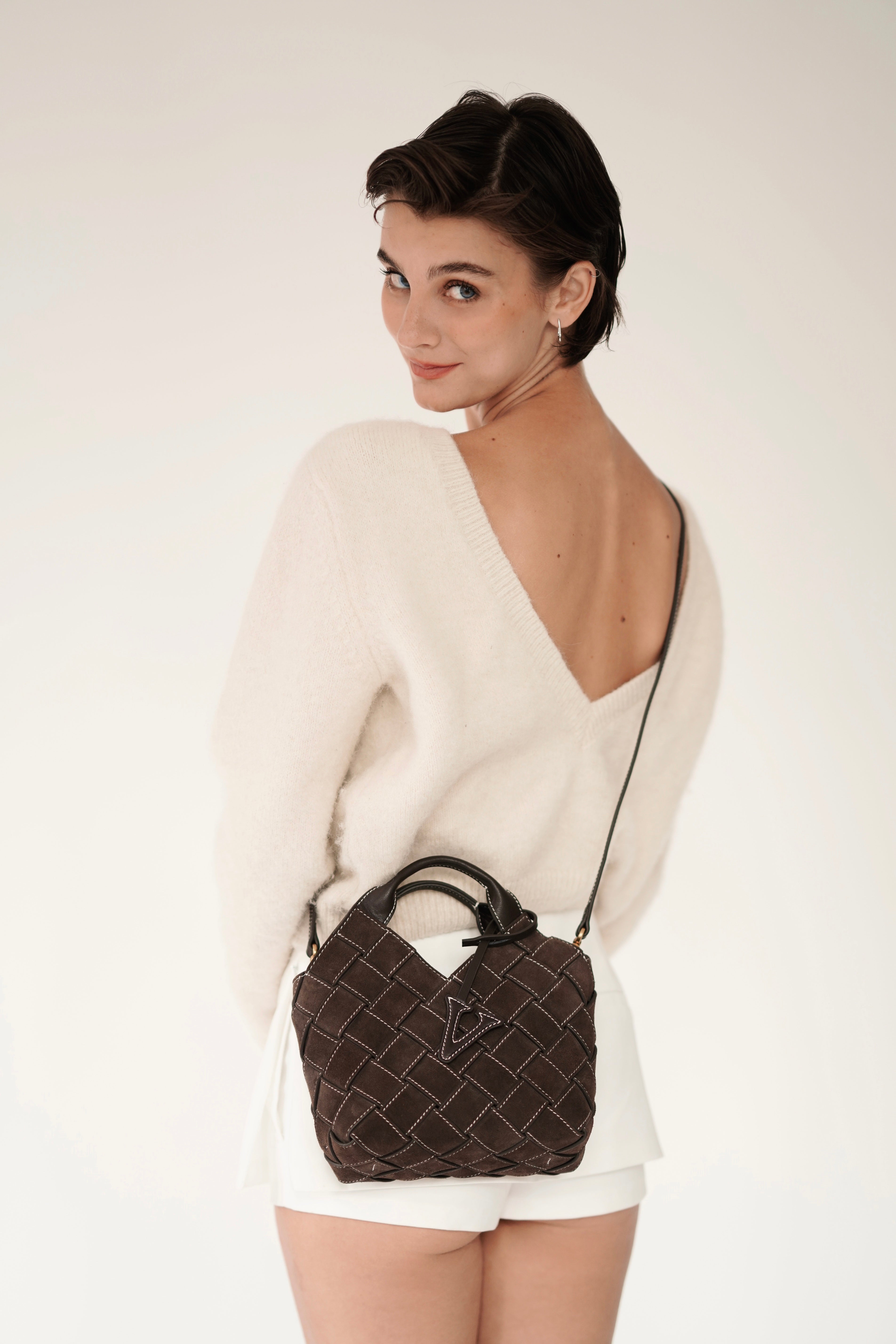 Espresso Suede Woven Basket Bag