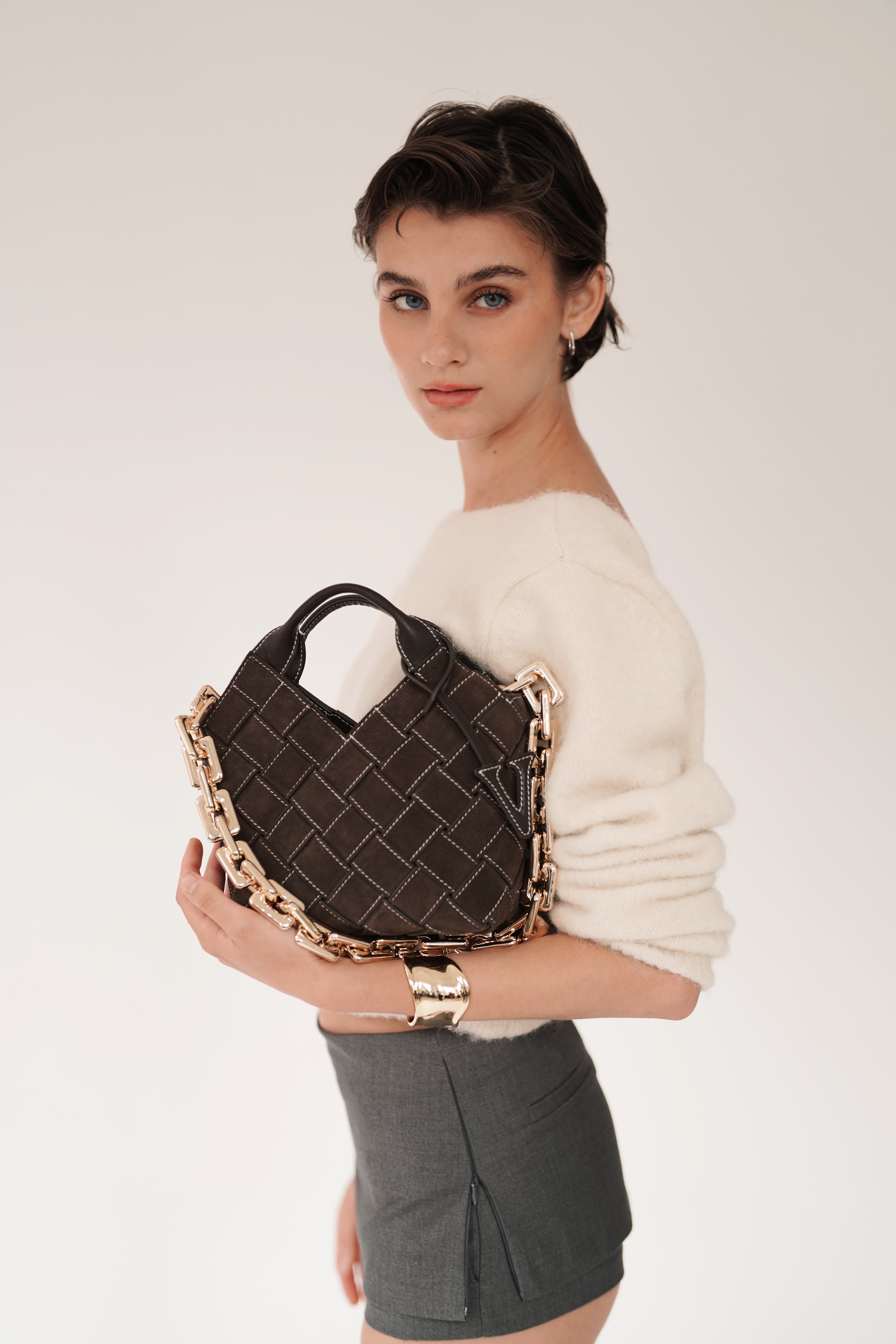 Espresso Suede Woven Basket Bag