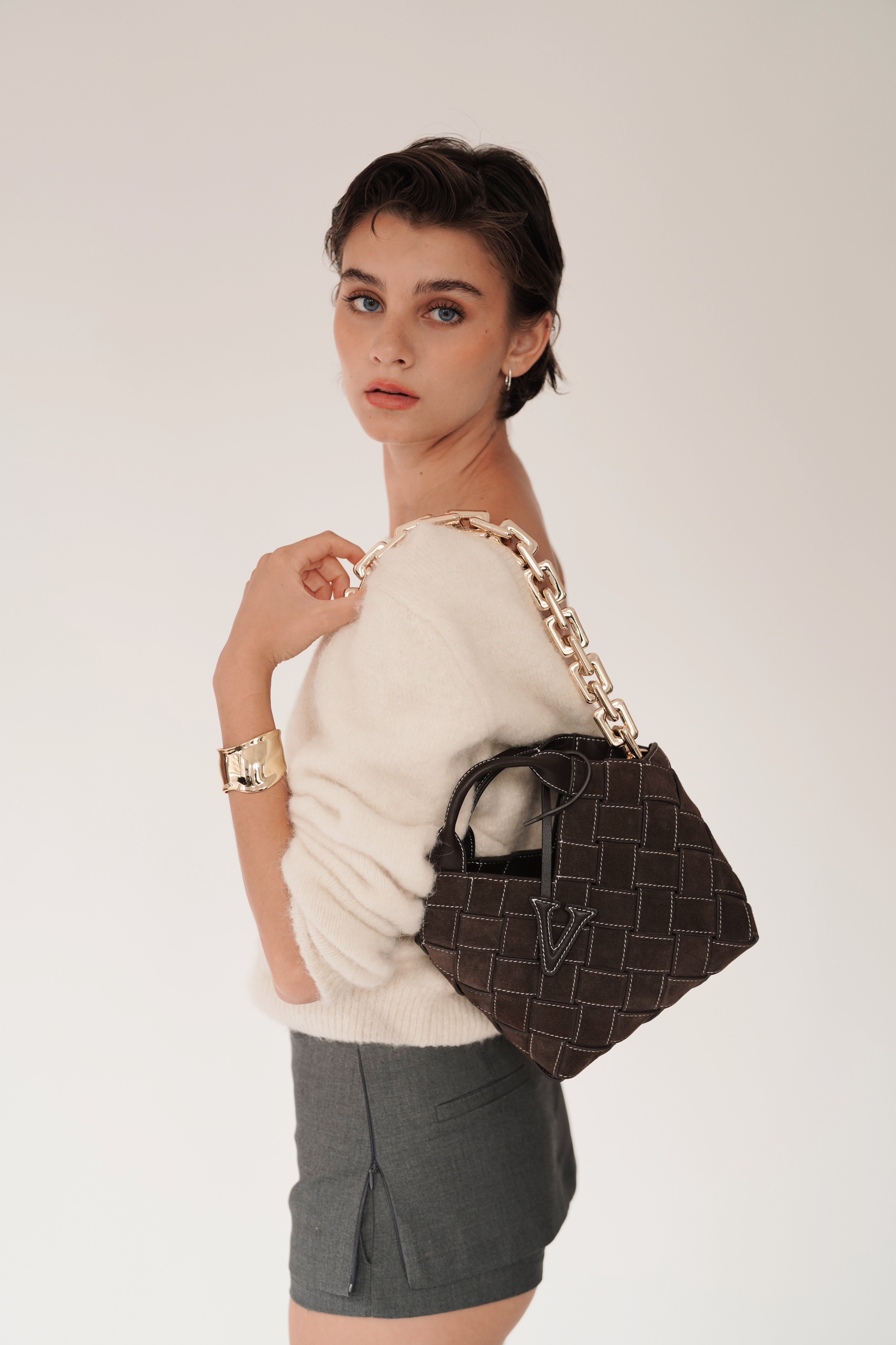 Espresso Suede Woven Basket Bag