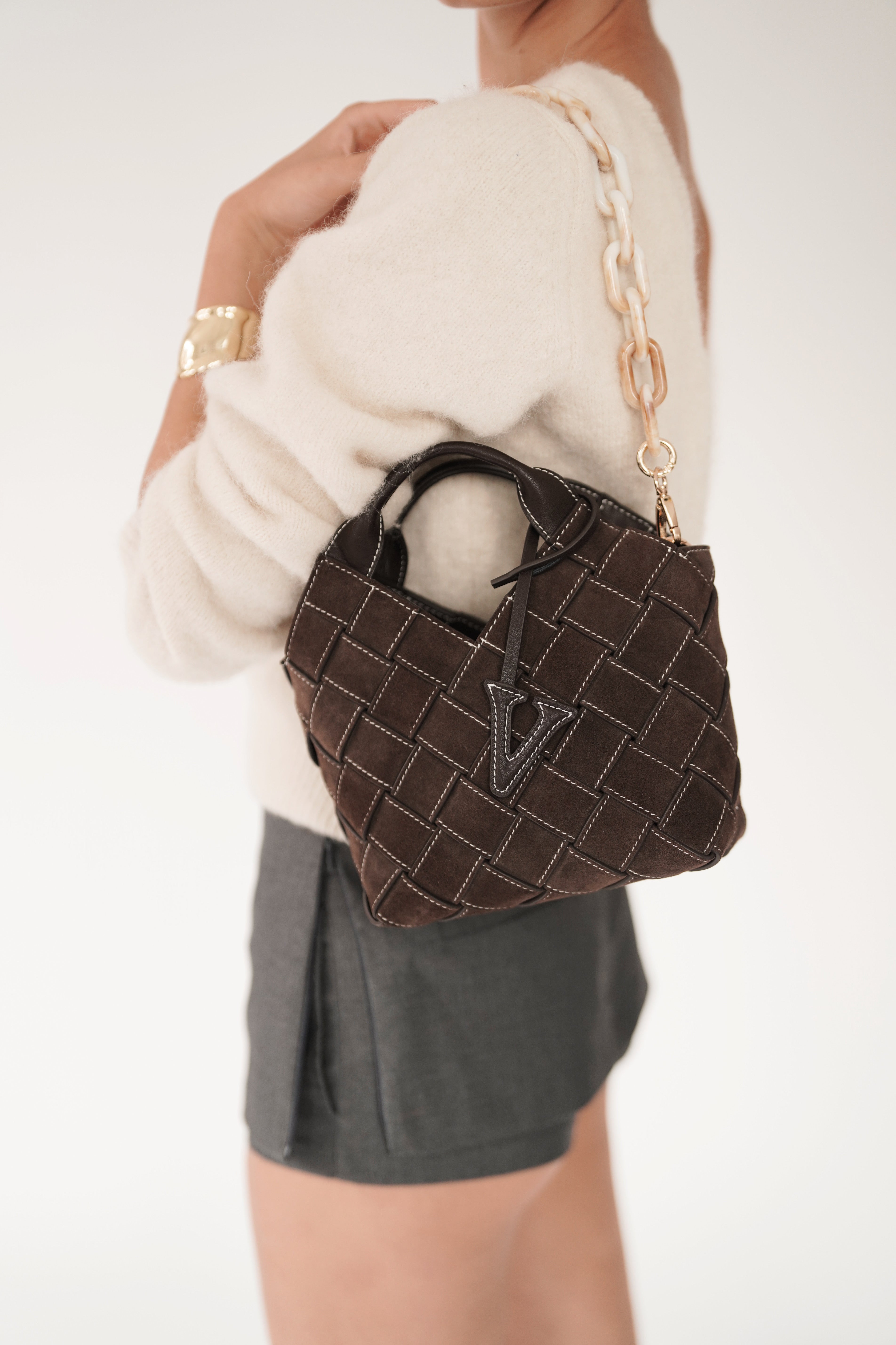 Espresso Suede Woven Basket Bag