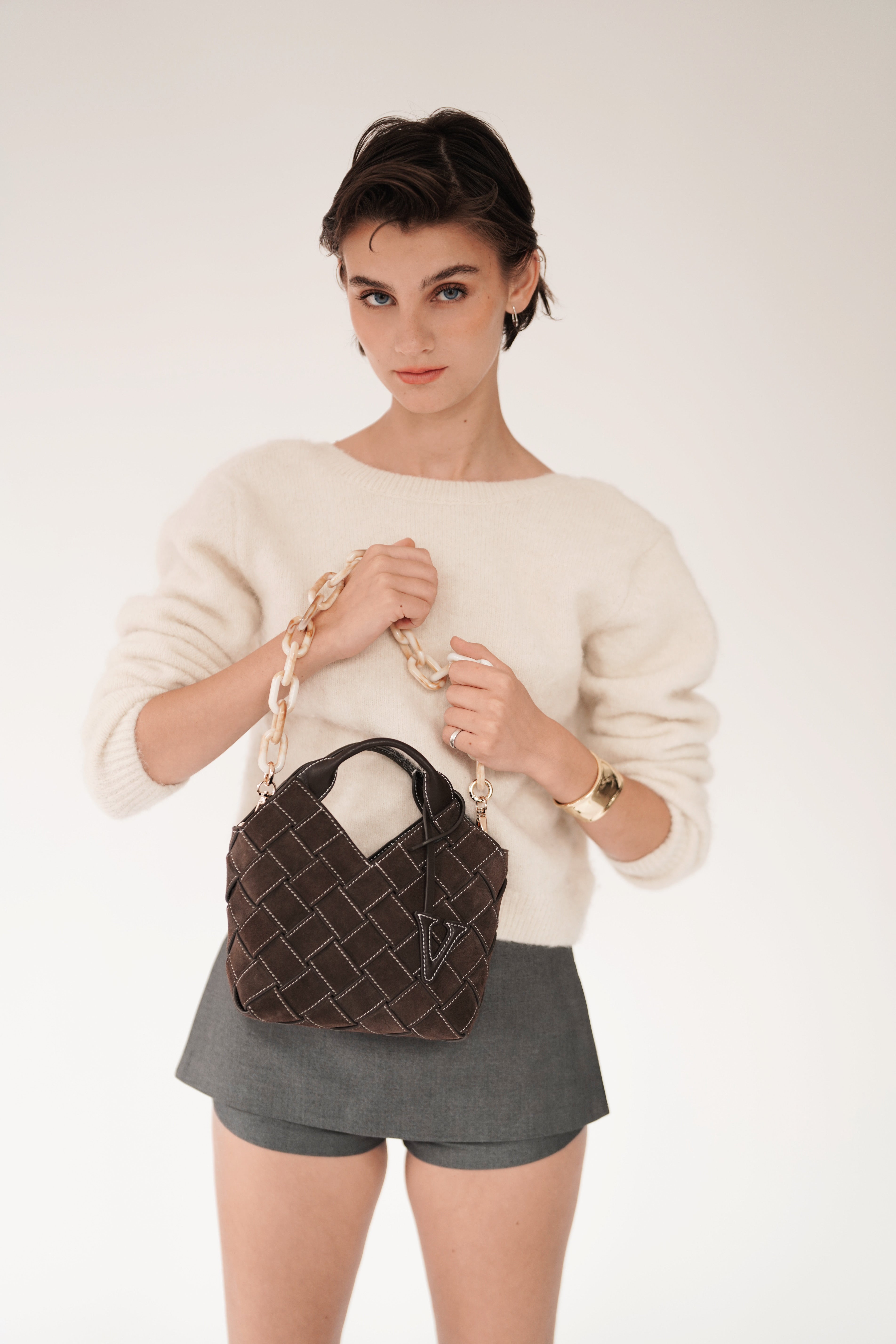 Espresso Suede Woven Basket Bag