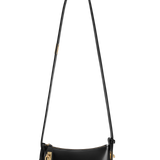 A black leather mini hobo shoulder bag with gold-tone hardware, an adjustable shoulder strap, and a semi-structured silhouette.