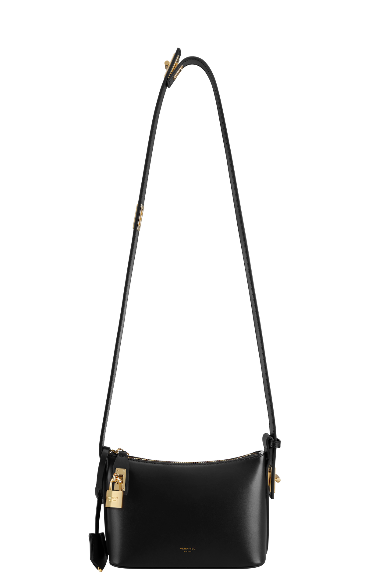 A black leather mini hobo shoulder bag with gold-tone hardware, an adjustable shoulder strap, and a semi-structured silhouette.