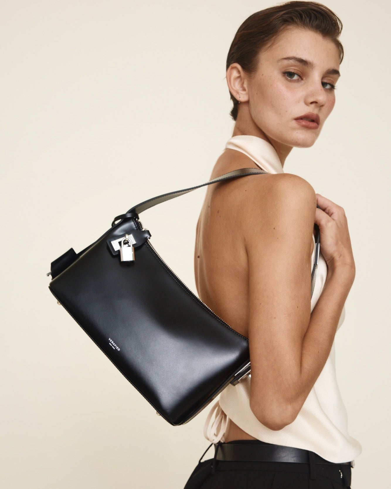 Silver Black Hobo Shoulder Handbag with a model