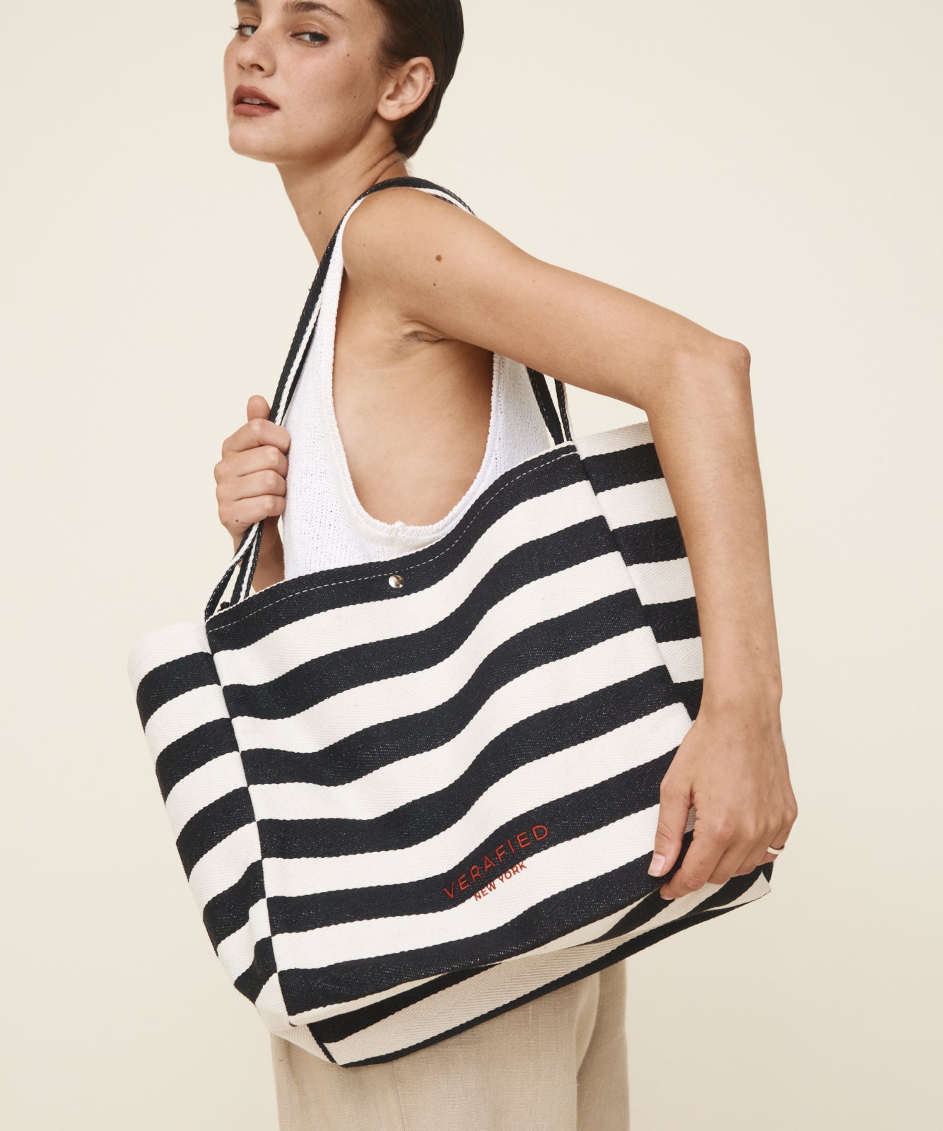 Large Stripe Tote Shoulder Bag witha  a model