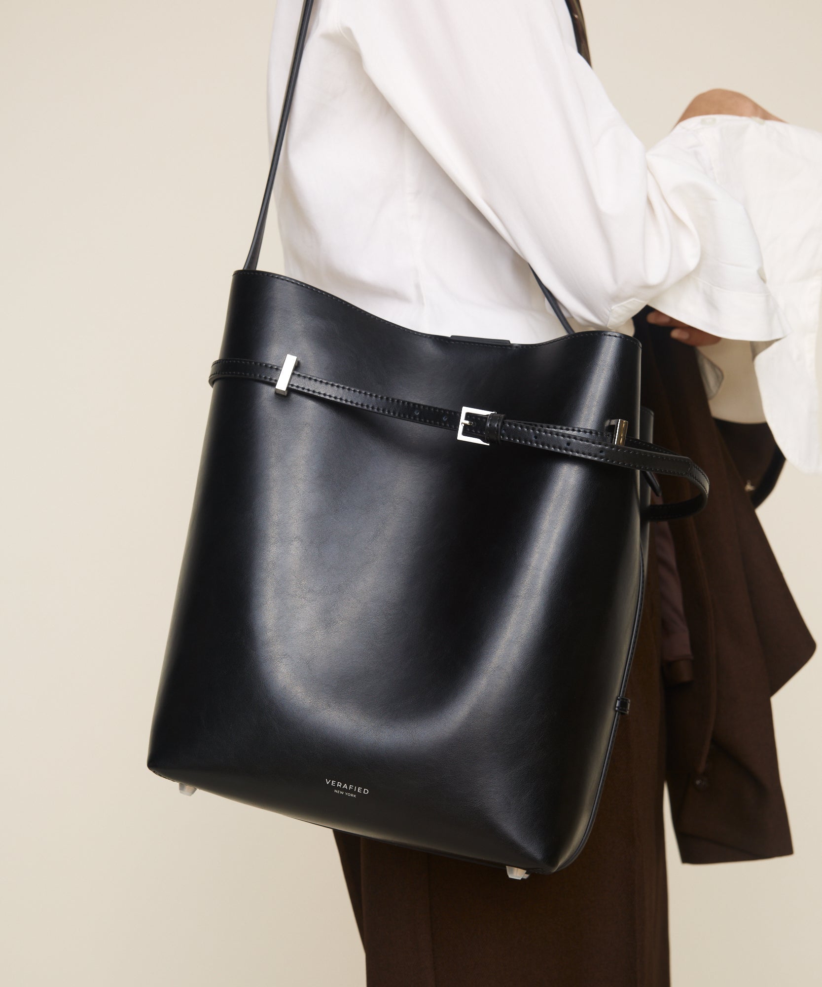Black Belted Leather Tote Shoulder Bag with a model