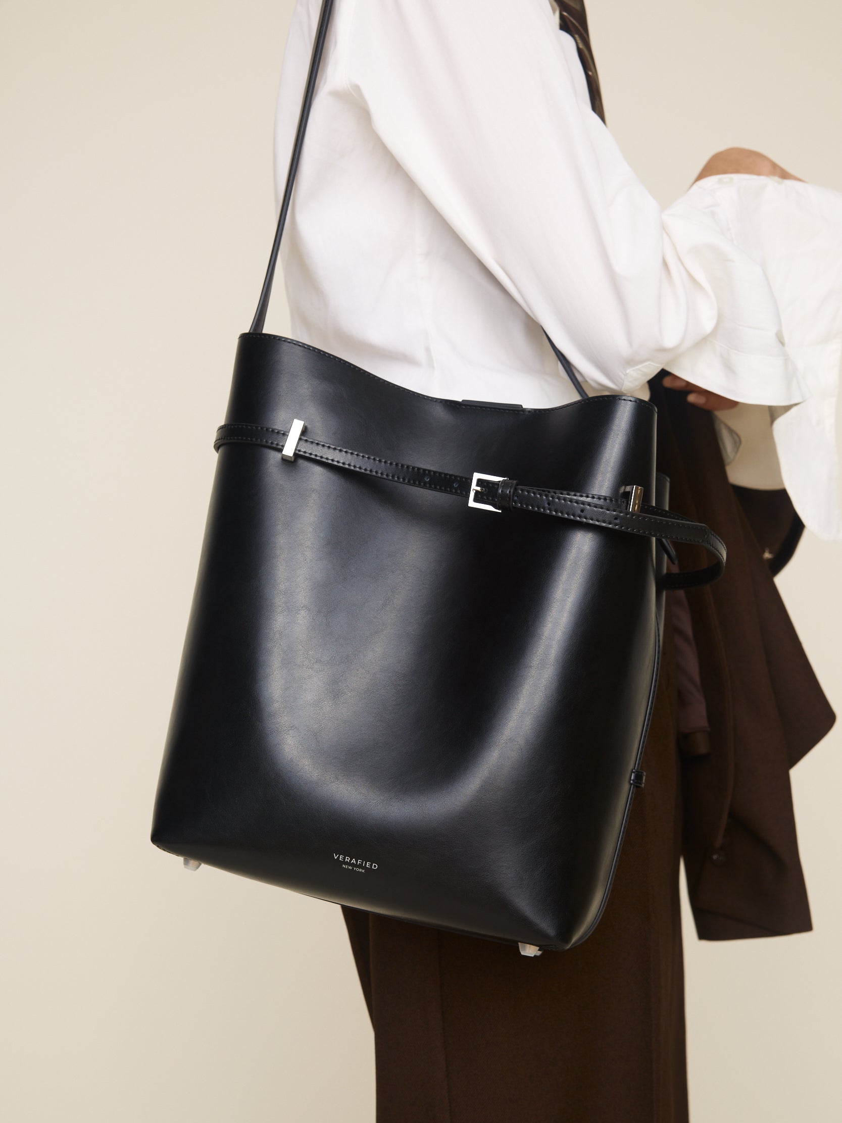 Black Belted Leather Tote Shoulder Bag with a model