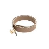 Beige leather strap with gold clasp on a white background