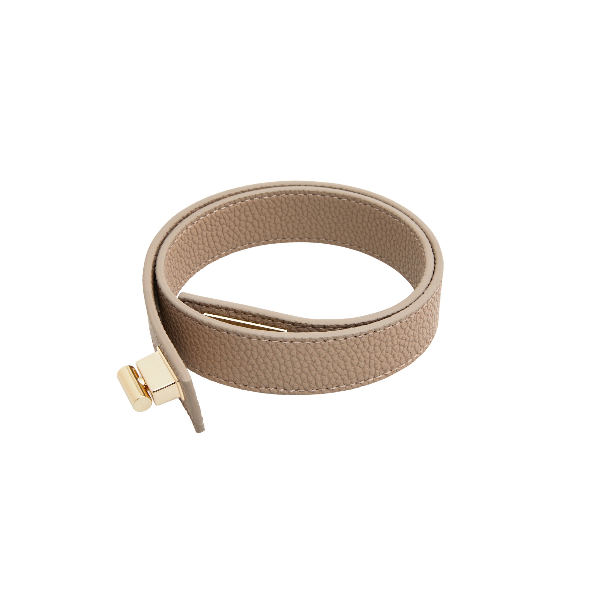 Beige leather strap with gold clasp on a white background