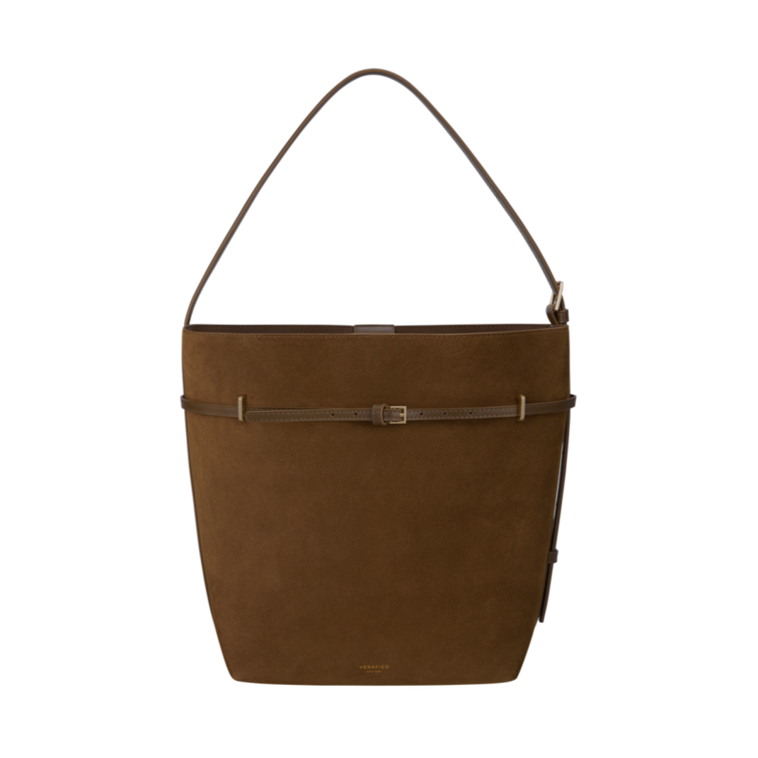 Toffee Suede Belted Tote Bag