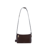 A dark brown, semi-structured Gold Chocolate Hobo Shoulder Handbag with a gold chocolate design, featuring a shoulder strap with clips for adjustability, and a lock &k ey set.