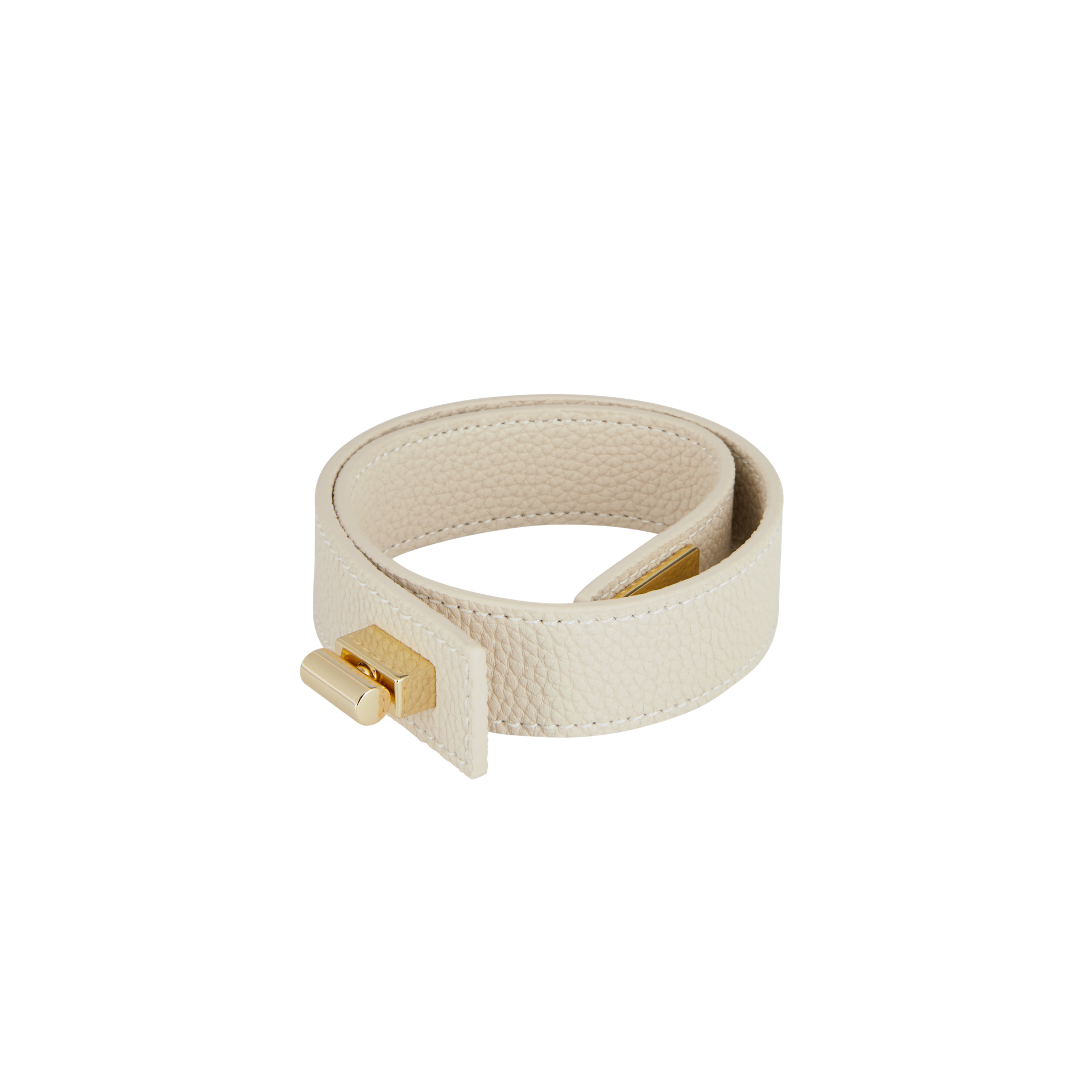 Beige leather bracelet with a gold clasp on a white background