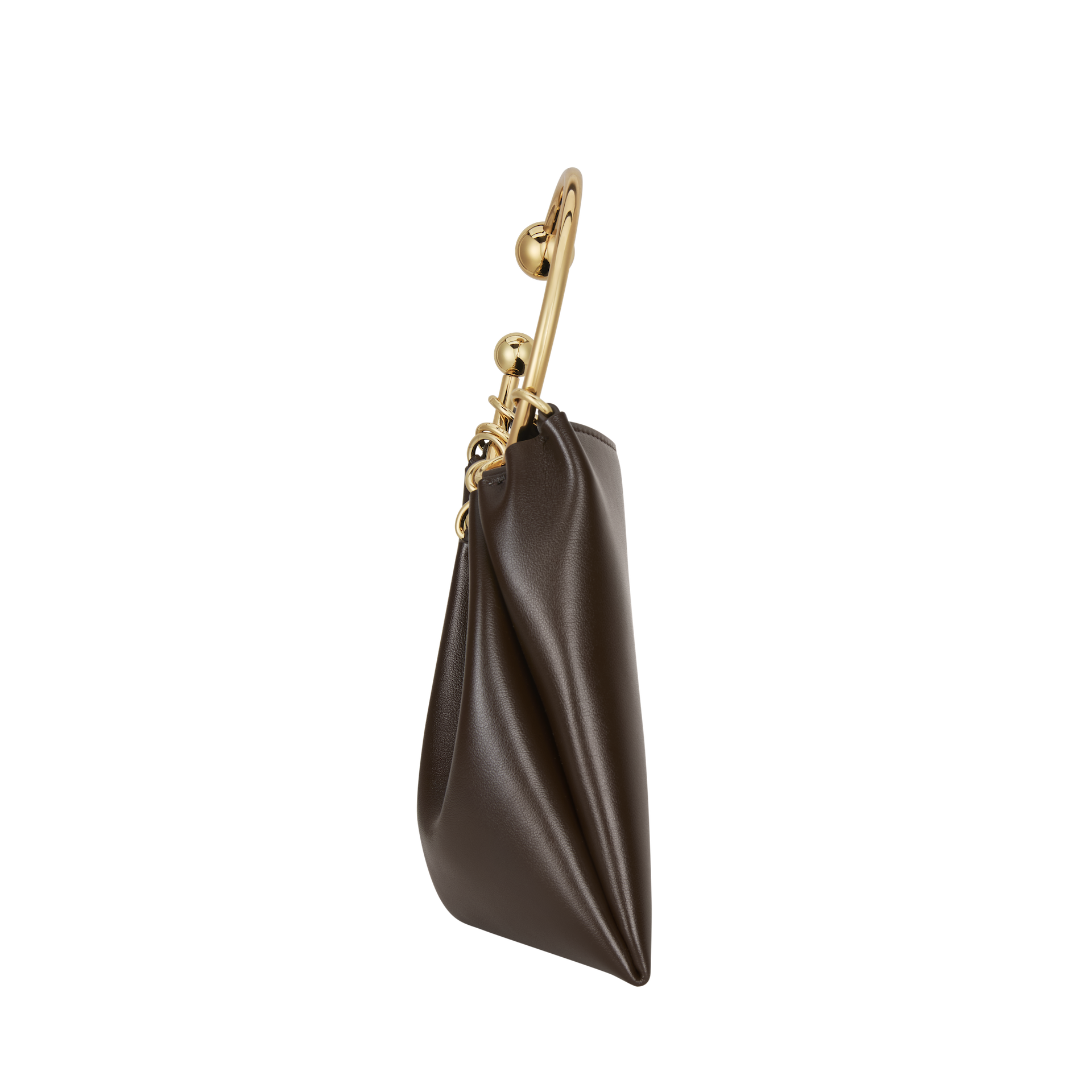 Chocolate Circle Ring Mini Handle Bag with gold clasp on a white background
