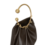 Chocolate Circle Ring Mini Handle Bag with gold handle on a white background