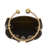 Chocolate Circle Ring Mini Handle Bag with gold circular handle on a white background