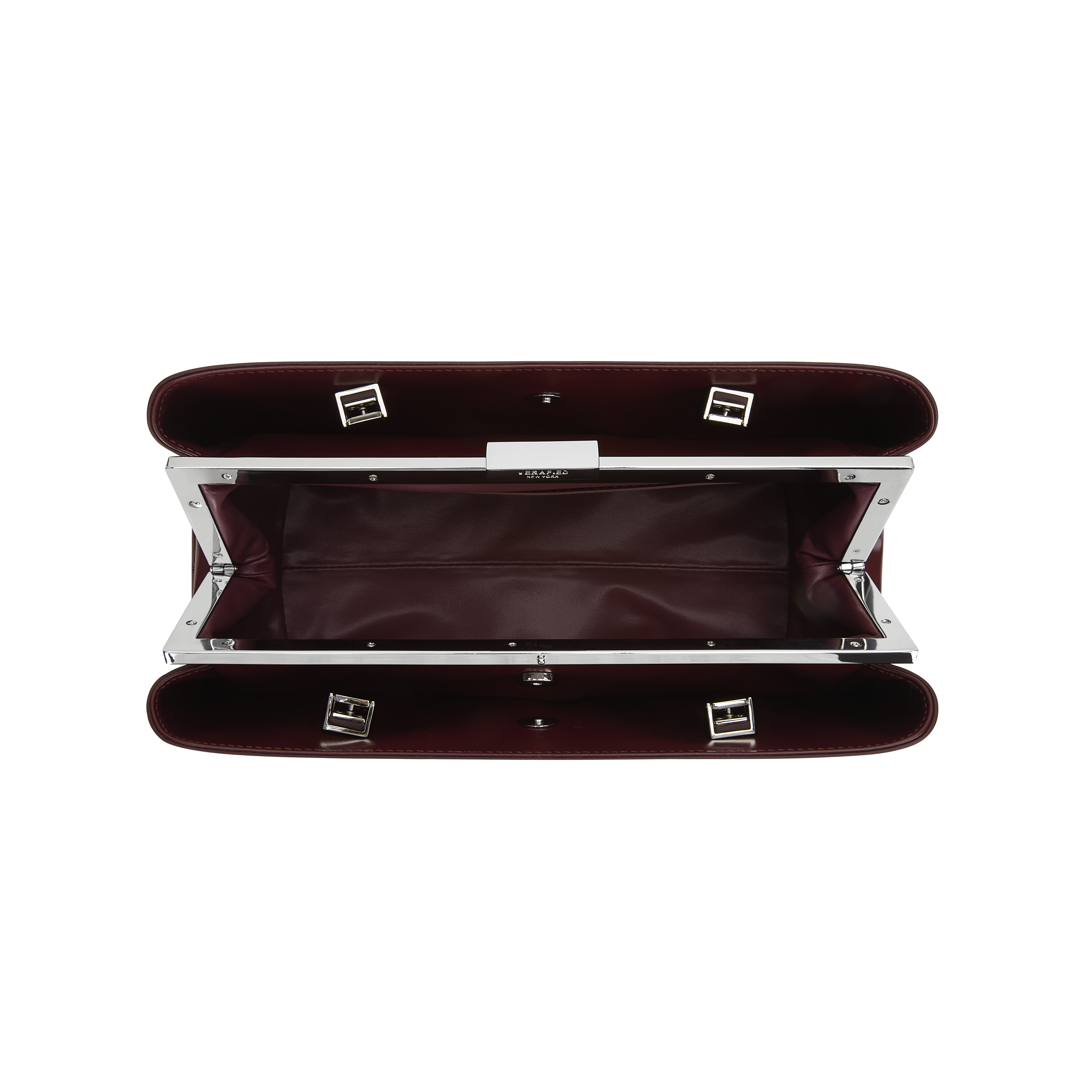 Burgundy Clutch Shoulder Handbag with silver clasp on a white background