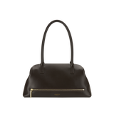 Chocolate Medium Club Shoulder Handbag with gold zipper on a white background