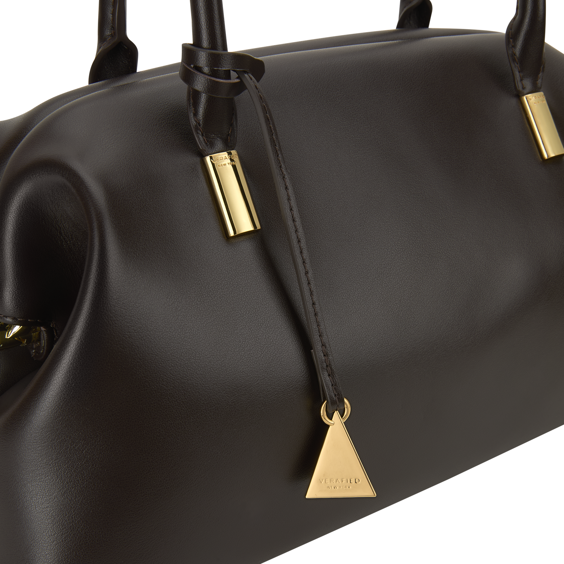 Chocolate Medium Club Shoulder Handbag with gold accents on a white background
