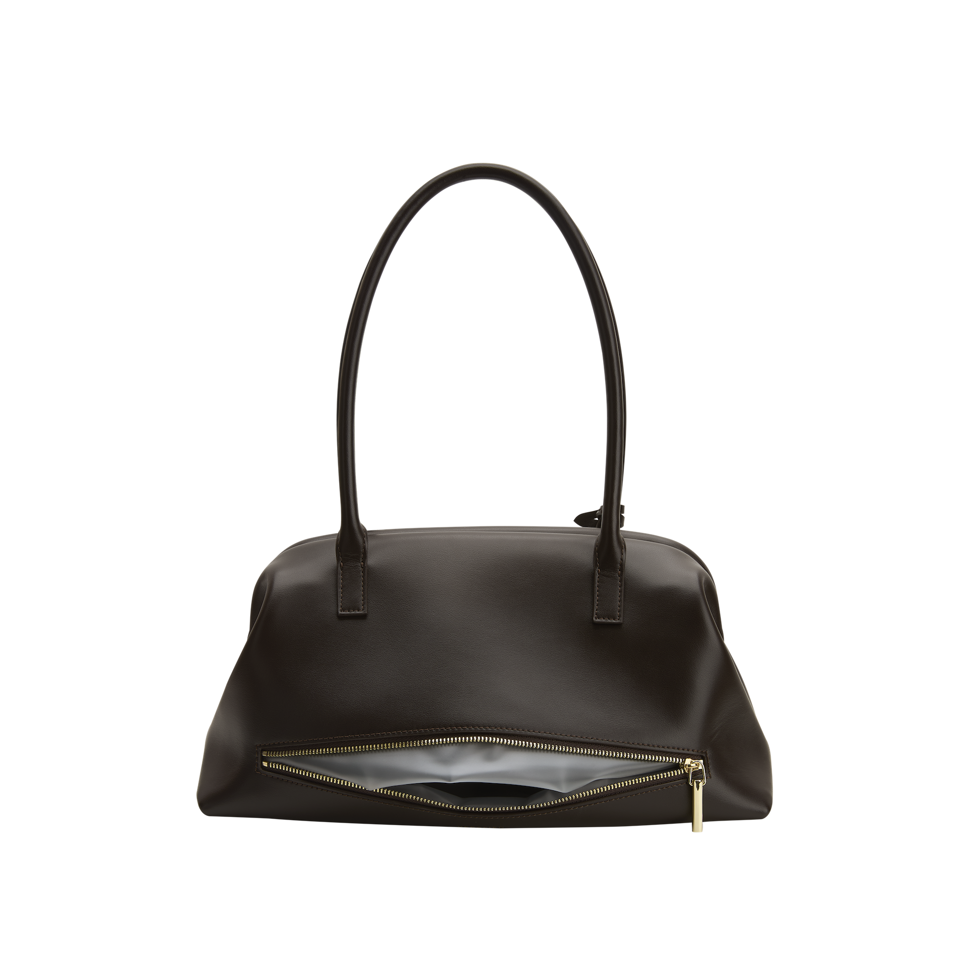 Chocolate Medium Club Shoulder Handbag with a gold zipper on a white background