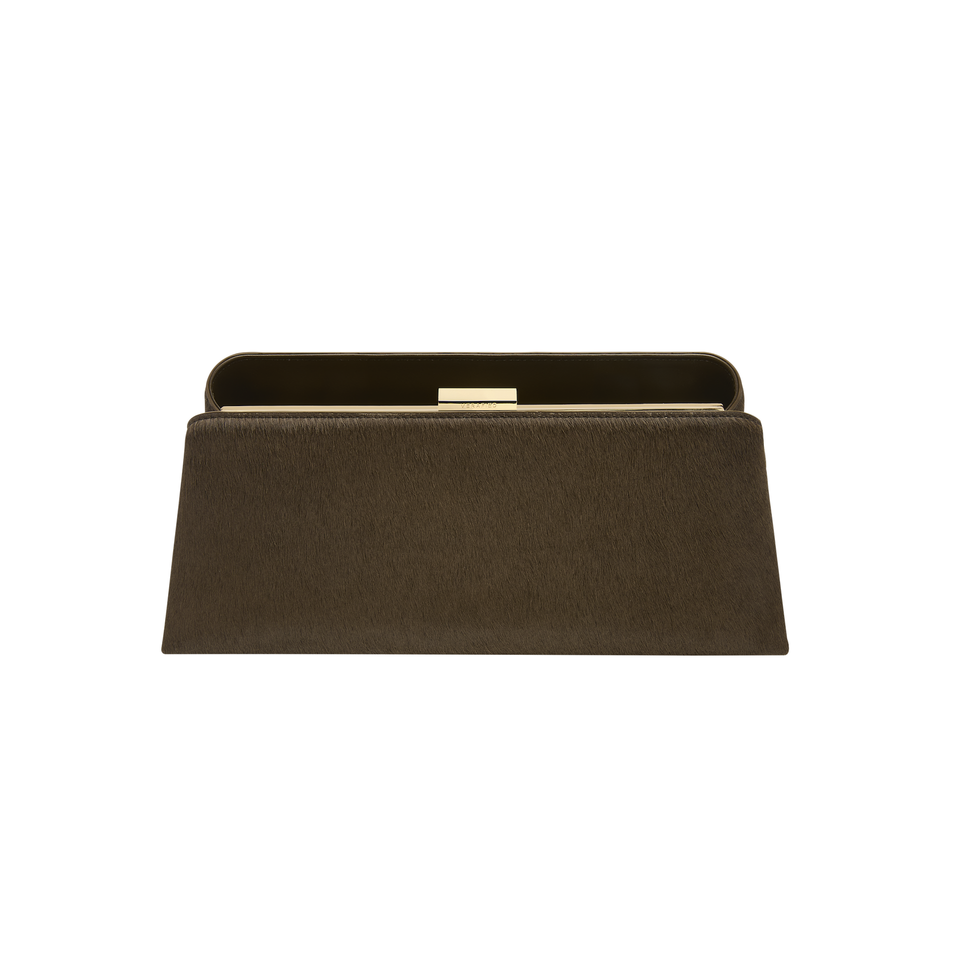 Olive Calf Hair Clutch Shoulder Handbag with gold clasp on a white background