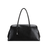 Black leather handbag on a white background