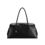 Black leather handbag on a white background