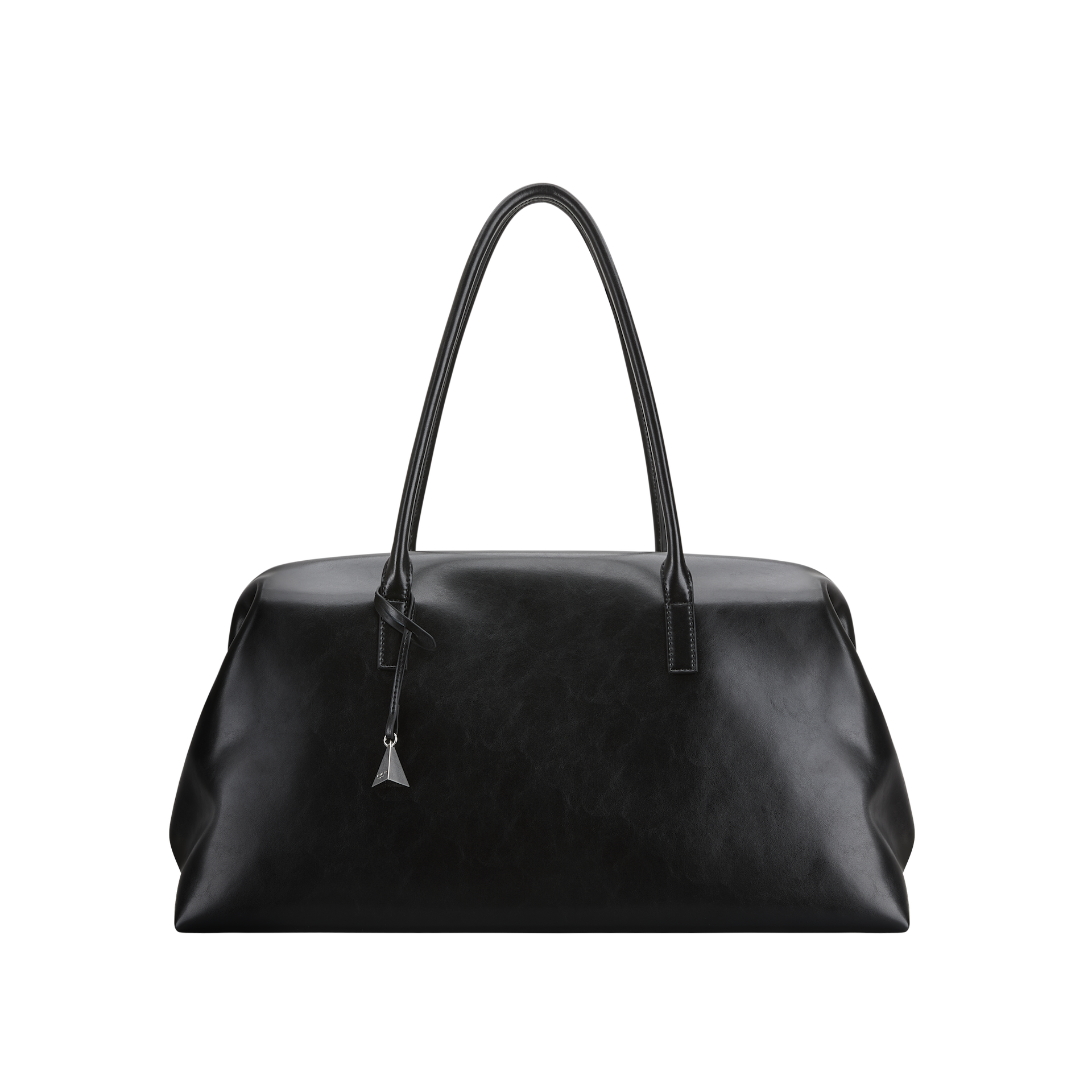 Black leather handbag on a white background