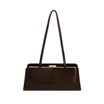 Chocolate Éclair Bag: Brown Clutch Handbag with a strap on a white background