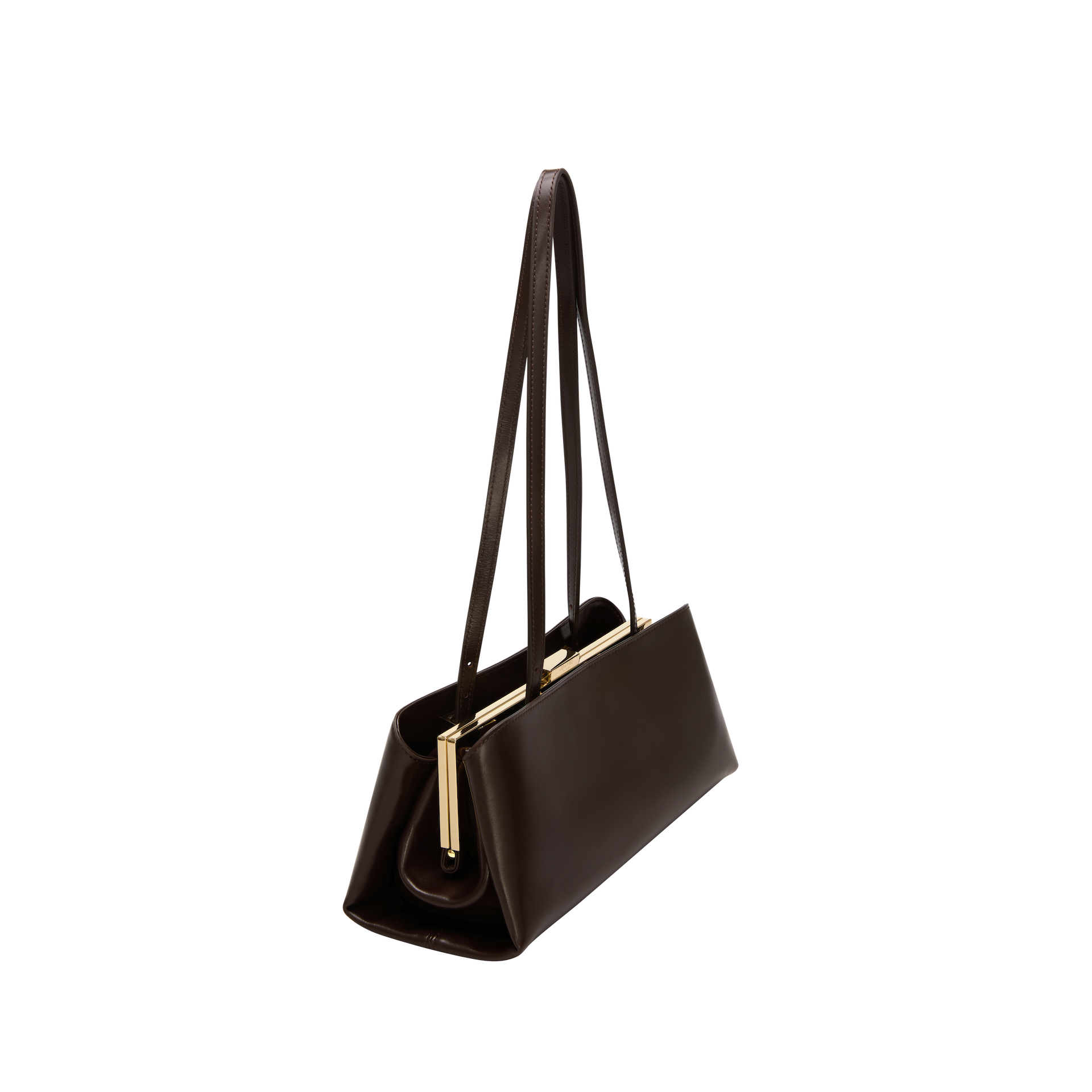 Chocolate Éclair Clutch Shoulder Handbag with gold accents on a white background