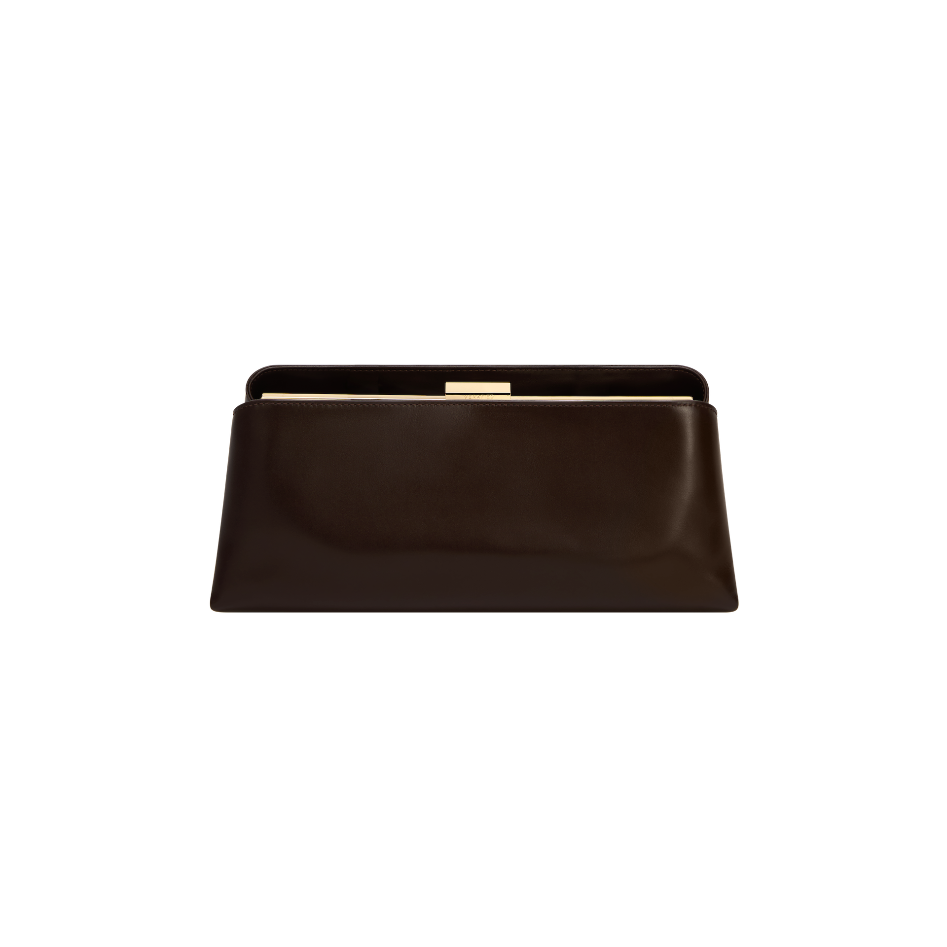 Chocolate Éclair Clutch Shoulder Handbag with gold clasp on a white background