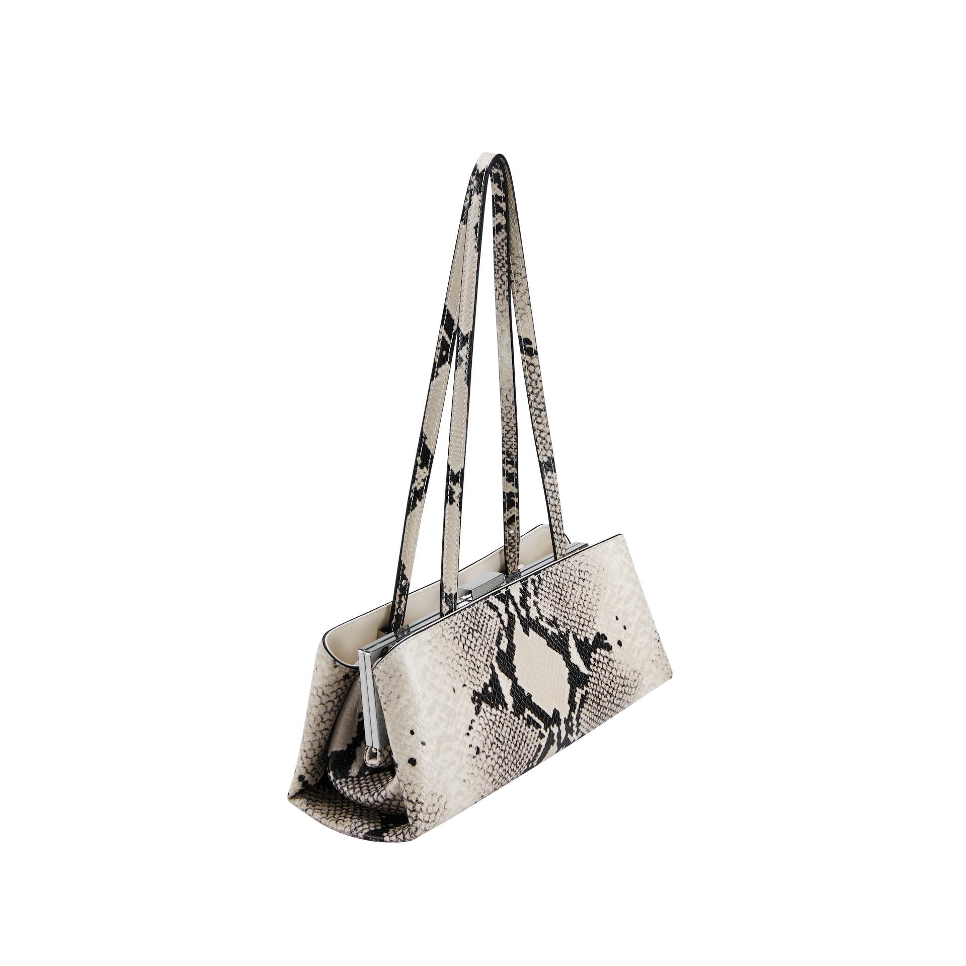 Python Éclair Clutch Shoulder Handbag with black snake print on a white background