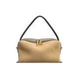 Verafied New York Gold Suede Café Mini Handbag with a gold zipper on a white background