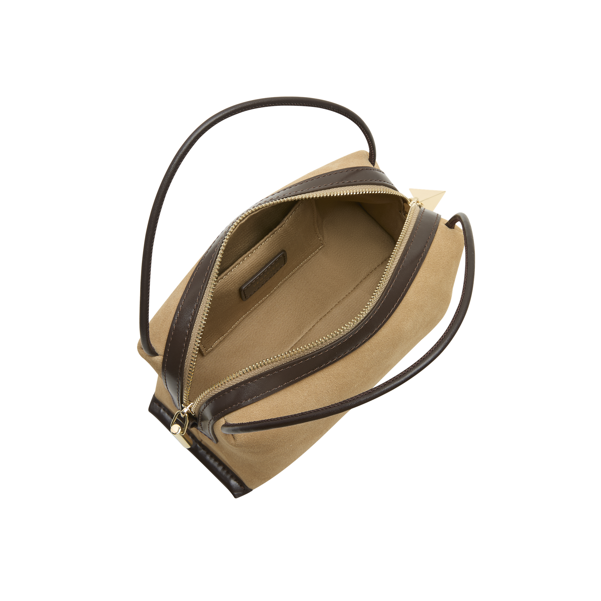 Gold Suede Café Mini Crossbody Handbag with black accents on a white background