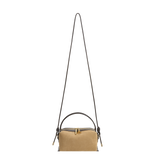 Verafied New York Gold Suede Café Mini Handbag with a long strap on a white background