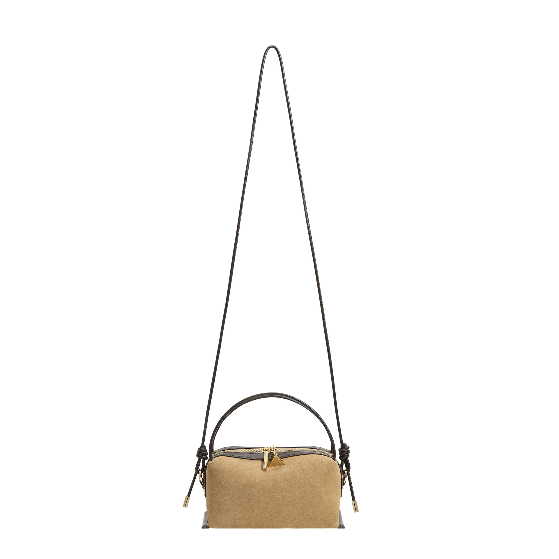 Verafied New York Gold Suede Café Mini Handbag with a long strap on a white background