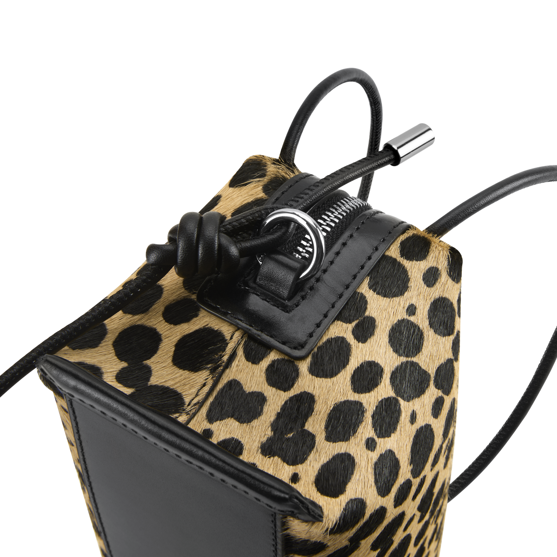 Leopard print Verafied New York Cheetah Calf Hair Café Mini Handbag with black accents on a white background