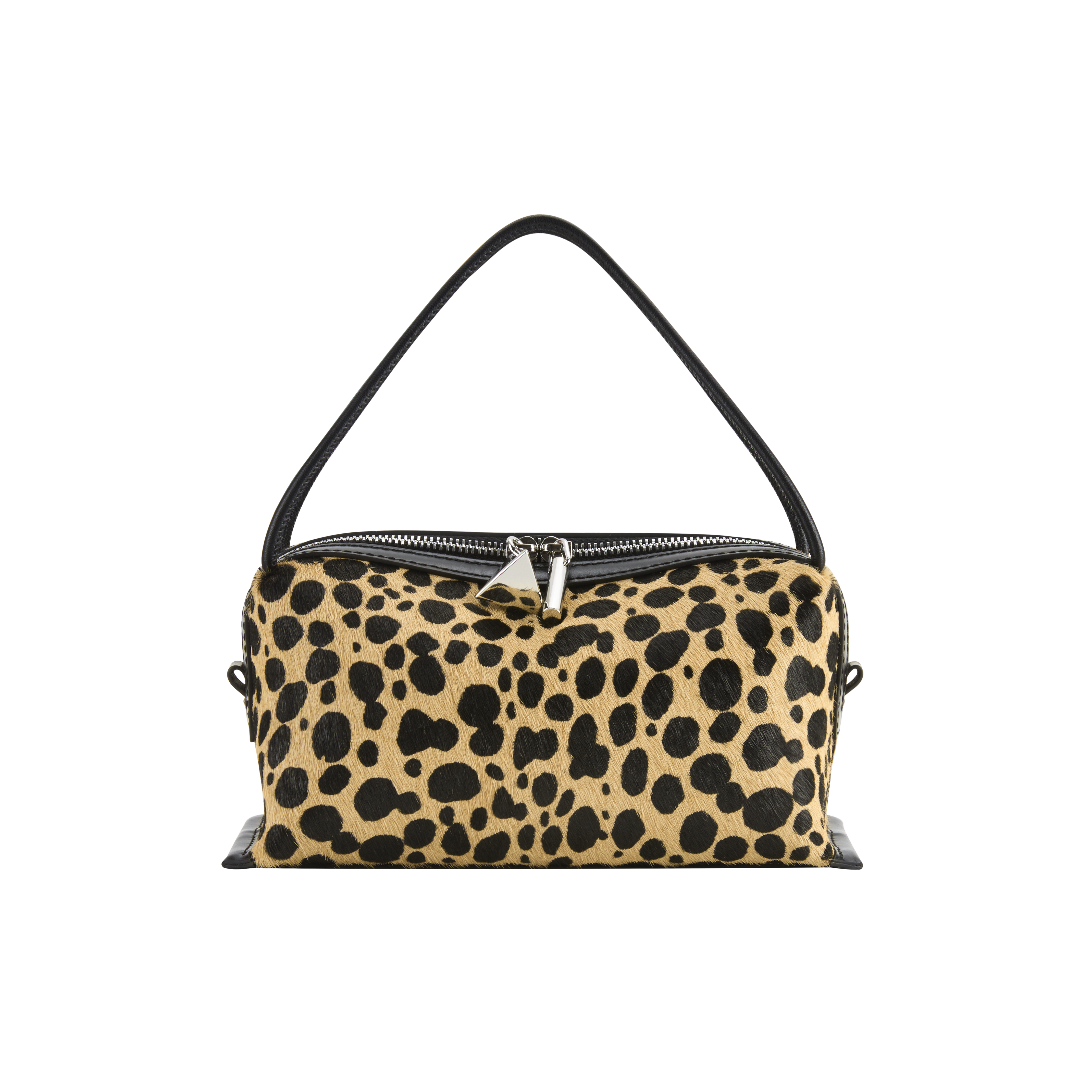 Leopard print Cheetah Calf Hair Café Mini Crossbody Handbag with a black handle on a white background