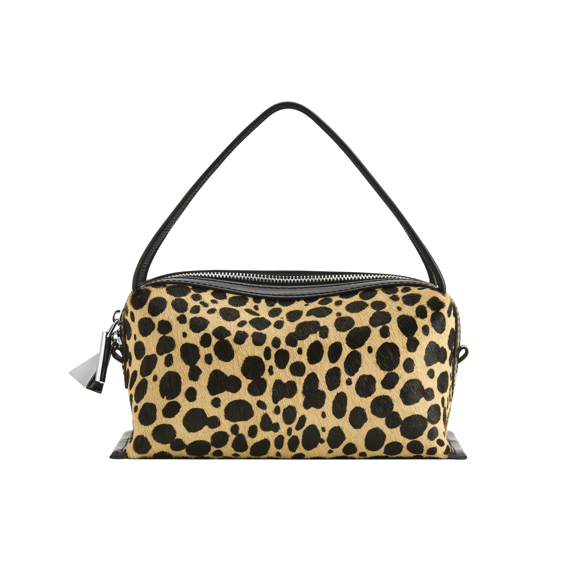 Leopard print Verafied New York Cheetah Calf Hair Café Mini Handbag with black handle on a white background