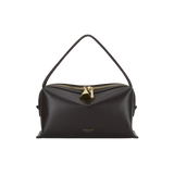 Chocolate Café Mini Crossbody Handbag with gold zipper and handle on a white background